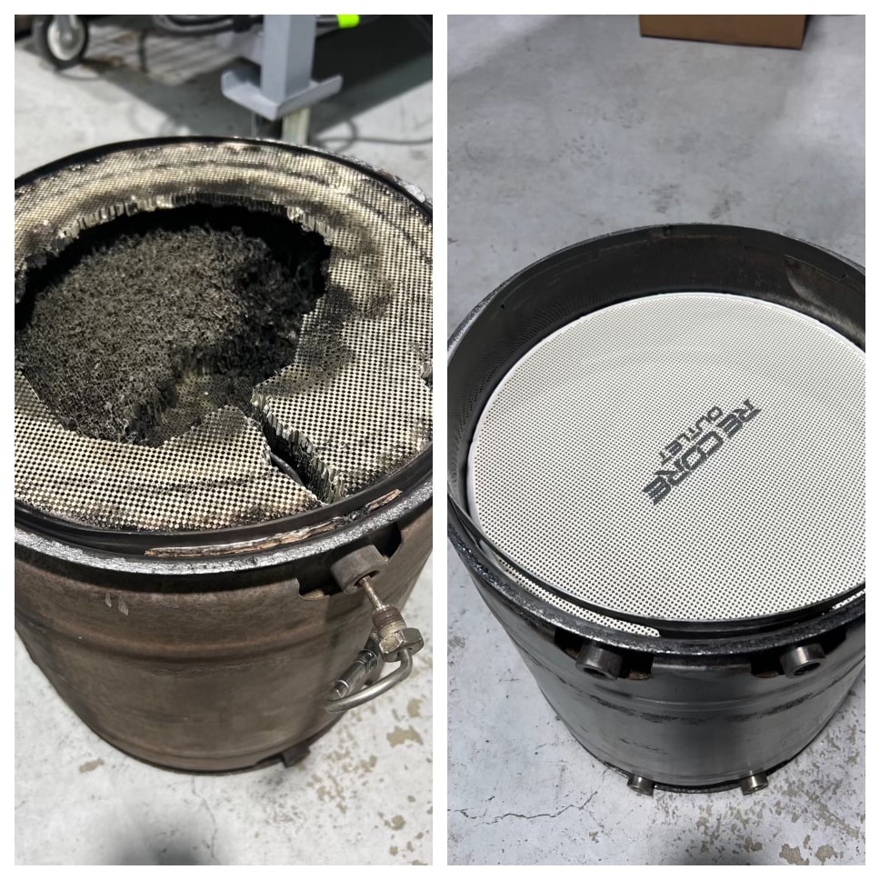 DPF filter before and after recore service — cracked damaged substrate on left, fresh Recore Outlet core on right